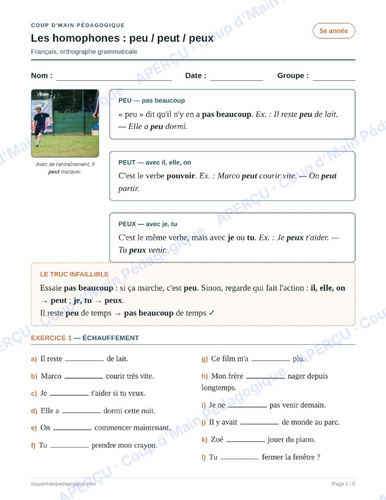 French Homophones Worksheet Grade 5 peu peut peux | Homophones peu/peut ...