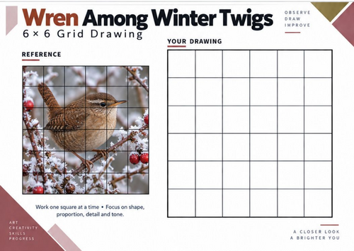 Wren Among Winter Twigs Grid Drawing Worksheet | Winter Wildlife Art ...