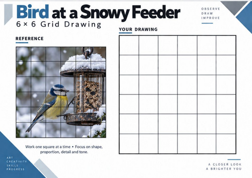 Bird at a Snowy Feeder Grid Drawing Worksheet | Winter Wildlife Art ...