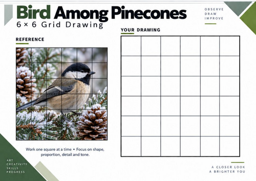 Bird Among Pinecones Grid Drawing Worksheet | Winter Wildlife Art ...