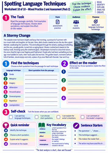 GCSE English Language | 10 Language Techniques Worksheets | Similes, Metaphors & Analysis