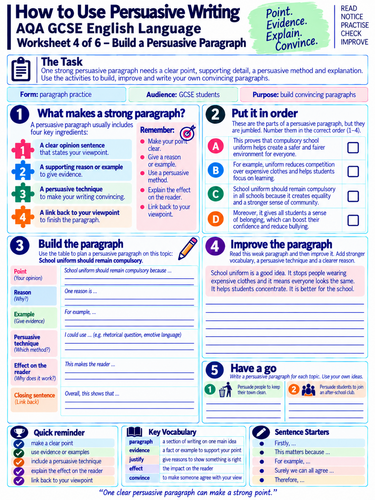 AQA GCSE English Language | Persuasive Writing | 6 Worksheets, Techniques & Exam Practice