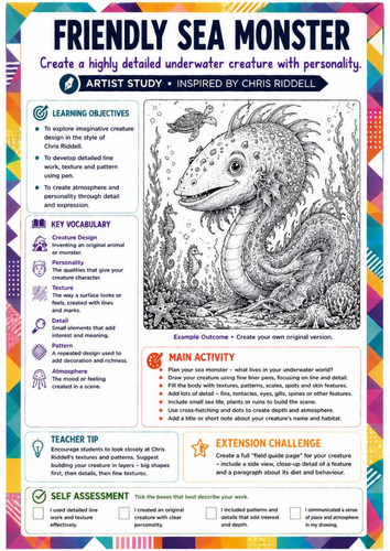 Chris Riddell Inspired Art Worksheet | Friendly Sea Monster | Fantasy ...