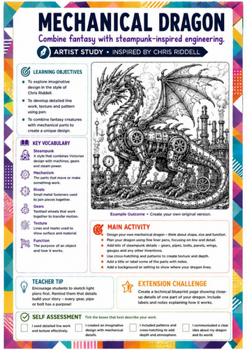 Chris Riddell Inspired Art Worksheet | Mechanical Dragon | Steampunk ...