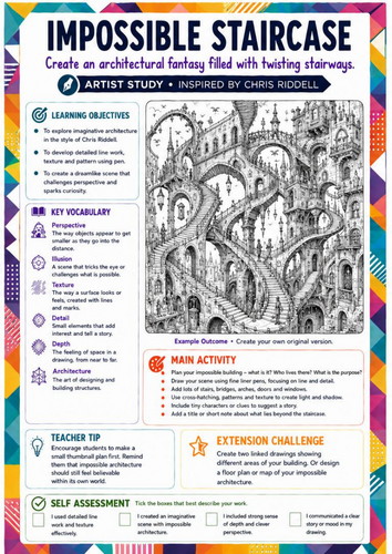 Chris Riddell Inspired Art Worksheet | Impossible Staircase | Surreal ...