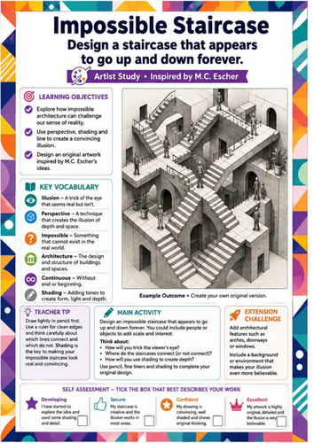 M.C. Escher Inspired Impossible Staircase Drawing Worksheet | Optical ...