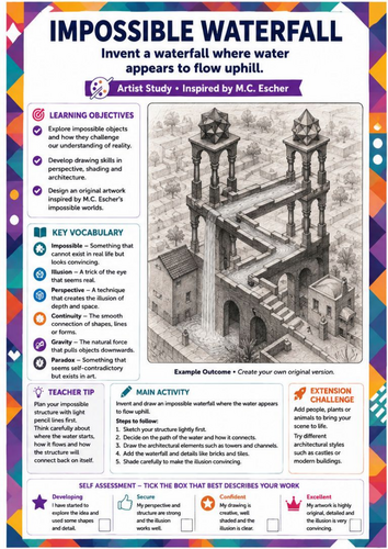 M.C. Escher Inspired Impossible Waterfall Drawing Worksheet | Optical ...