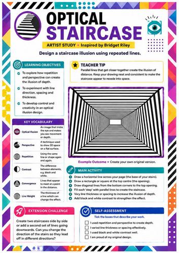 Bridget Riley Inspired Optical Staircase Worksheet | 3D Illusion ...