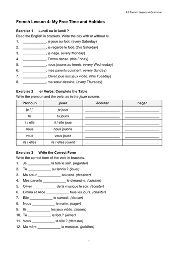 Beginner A1 French Lesson 4 Grammar Bundle: Hobbies and Free Time ...