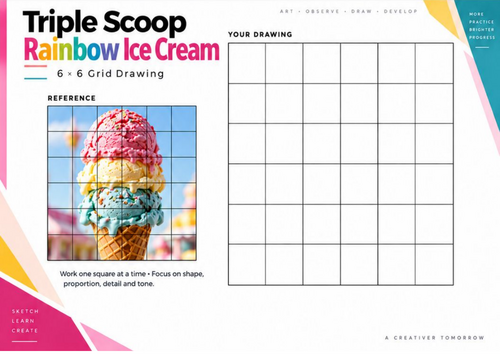 Triple Scoop Rainbow Ice Cream Grid Drawing Worksheet | Colourful Food ...