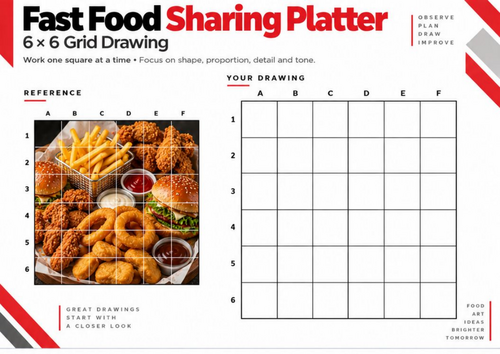 Fast Food Sharing Platter Grid Drawing Worksheet | 6 × 6 Food Still ...