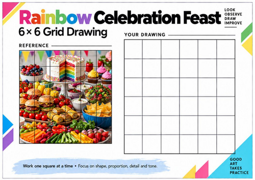 Rainbow Celebration Feast Grid Drawing Worksheet | Colourful Food Art ...