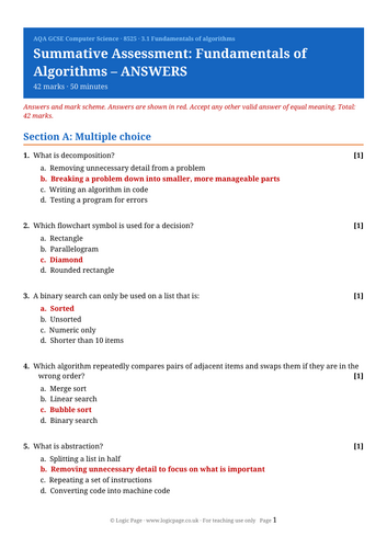 AQA GCSE Computer Science 8 Unit Summative Assessments with Mark ...