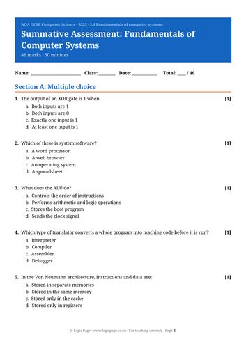AQA GCSE Computer Science 8 Unit Summative Assessments with Mark ...