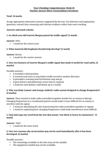 Year 6 Reading Comprehension Week 28 - Reading and Answers