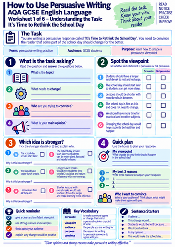 AQA GCSE English Language | Persuasive Speech Writing | Rethink the School Day | 6 Worksheets
