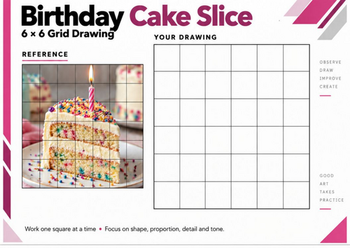 Birthday Cake Slice Grid Drawing Worksheet | 6x6 Observational Drawing ...