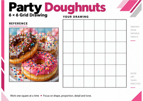 Party Doughnuts Grid Drawing Worksheet | 6x6 Food Observational Drawing ...