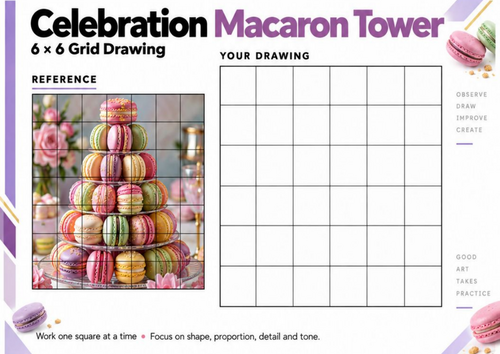 Celebration Macaron Tower Grid Drawing Worksheet | 6x6 Food Drawing ...