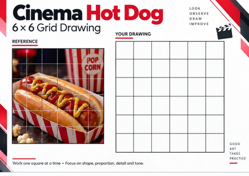 Cinema Hot Dog Grid Drawing Worksheet | Food Still Life Observational ...