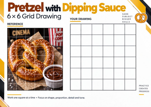Pretzel with Dipping Sauce Grid Drawing Worksheet | Food Still Life Art ...