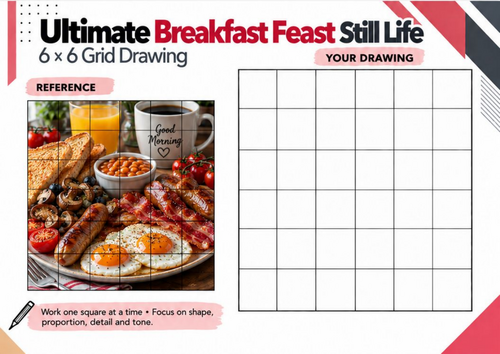 Ultimate Breakfast Feast Grid Drawing Worksheet | Complex Food Still ...