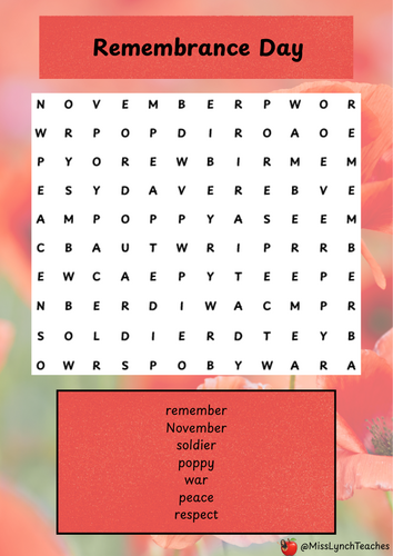 Remembrance Day Themed Wordsearch