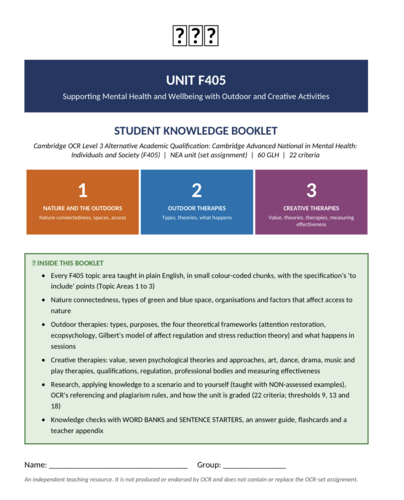 Cambridge Advanced National Mental Health F405 | Outdoor & Creative Activities | 83-Page Workbook
