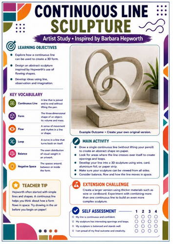 Barbara Hepworth Continuous Line Sculpture Worksheet | KS3 Art | Line ...