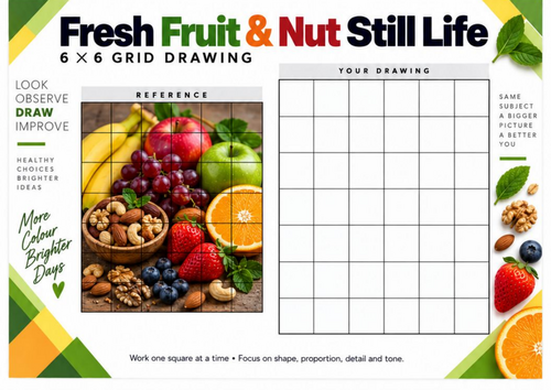 Fruit and Nuts Grid Drawing Worksheet | Healthy Food Still Life ...