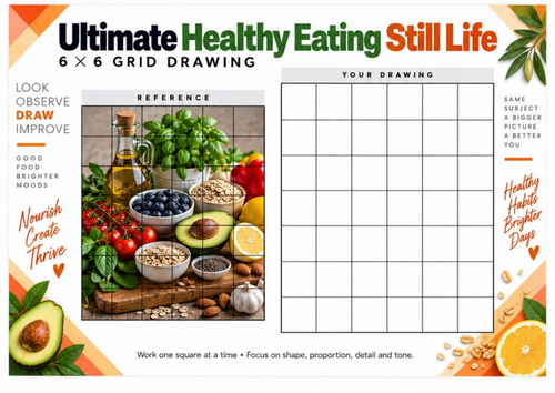 Healthy Eating Still Life Grid Drawing Worksheet | Detailed Food ...