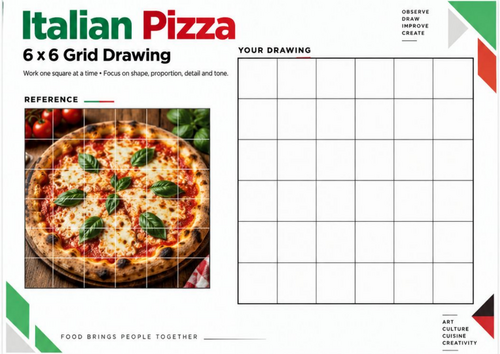 World Cuisine Grid Drawing Worksheets | 20 Real Food Photography Art ...