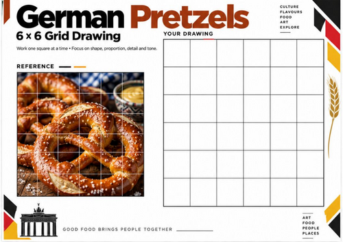German Pretzels Grid Drawing Worksheet | Food Texture Observational Art ...