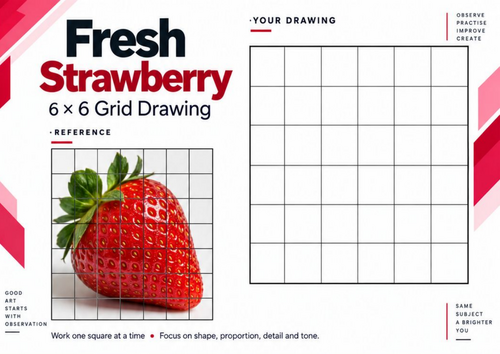 Strawberry Grid Drawing Worksheet | Realistic Fruit Texture & Shading ...