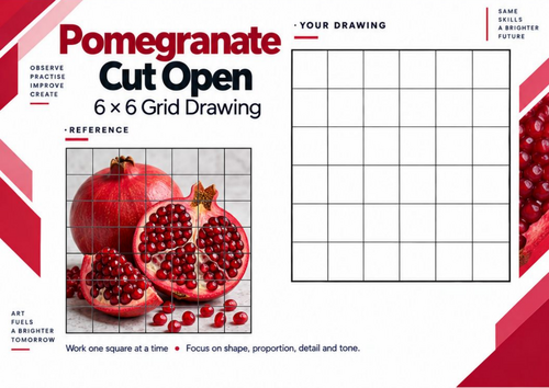 Pomegranate Grid Drawing Worksheet | Detailed Fruit Texture & Seeds ...