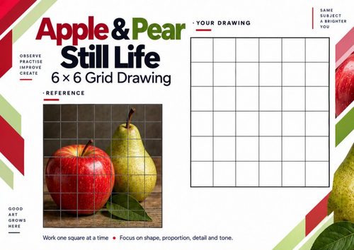 Apple & Pear Grid Drawing Worksheet | Realistic Fruit Still Life ...