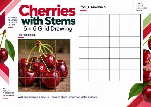 Cherries Grid Drawing Worksheet | Realistic Fruit Drawing & Shading ...