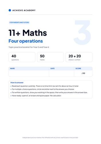 11+ Maths Topic Booklet: Four operations – Year 5/6 Practice with Mark ...