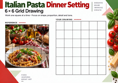 Italian Pasta Dinner Setting Grid Drawing Worksheet | Still Life Art ...