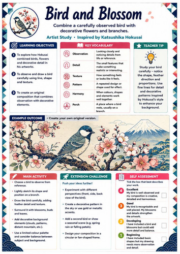 Hokusai Bird and Blossom Worksheet | KS3 Japanese Art, Observational ...