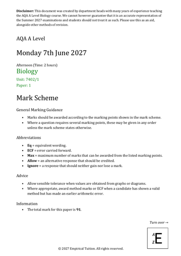 Summer 2027 AQA A Level Biology Predicted Exam - Paper 1 | Teaching ...