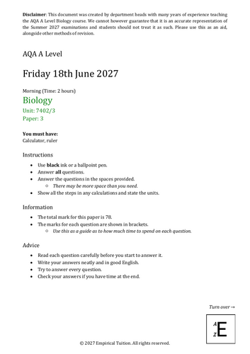 Summer 2027 AQA A Level Biology Predicted Exam - Paper 3 | Teaching ...