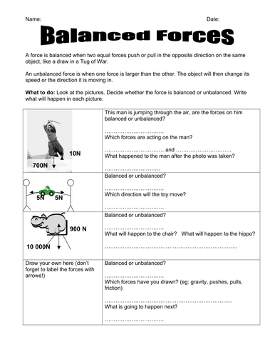 Balanced Forces worksheet | Teaching Resources