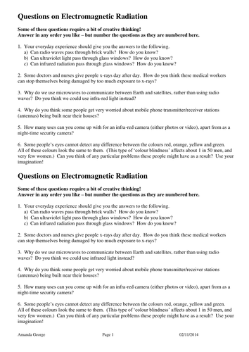 Questions on EM Radiation Worksheet | Teaching Resources