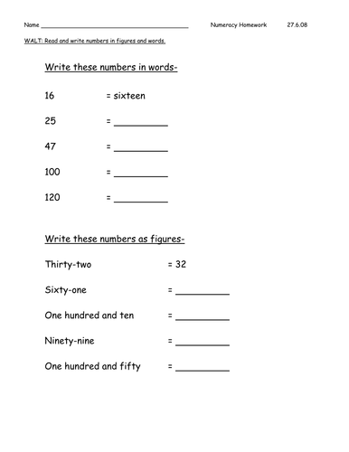 write 1 2 and 3digit numbers in figures and words homework sheet teaching resources