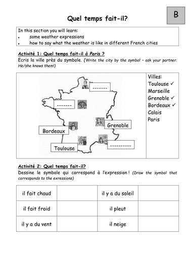 pairwork worksheets on weather in french teaching resources