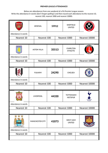 rounding numbers worksheet premier league teaching