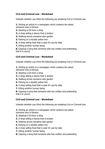 Worksheets Criminal Law Worksheets introduction to law criminal and civil y9 citizenship by samtscotland teaching resources tes