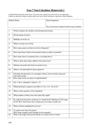 year 7 non calculator homework worksheets teaching resources