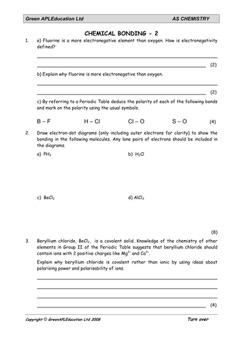 AS Chemistry Chemical Bonding Worksheet by greenAPL - Teaching